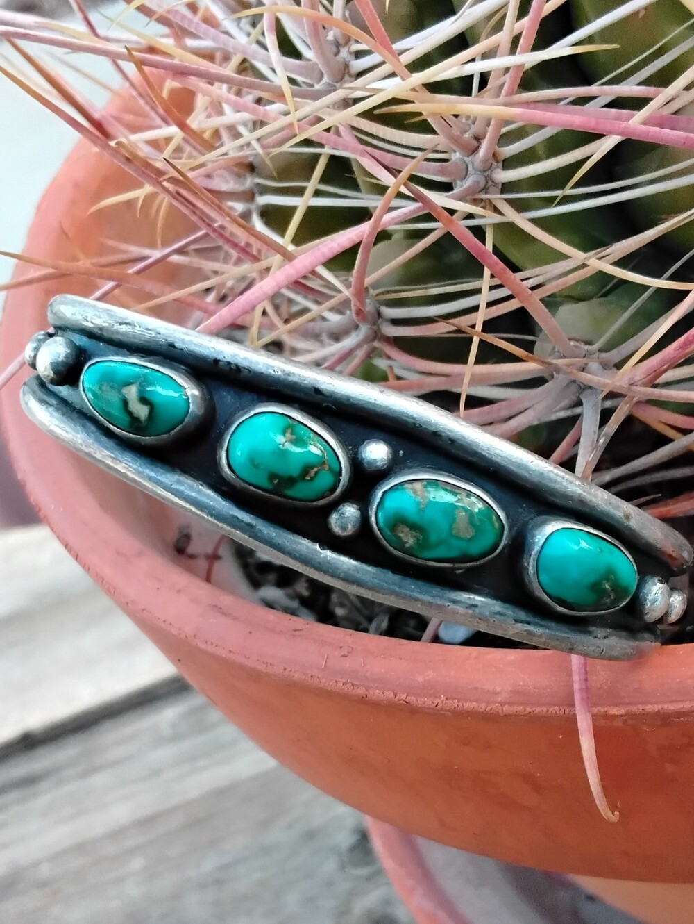 Vintage Sterling Silver Cuff Bracelet 4 Oval Turquoise Blue Stones "6.5" - Picture 2 of 6